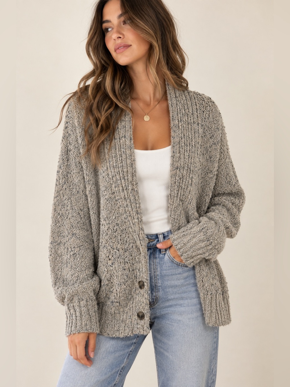 Alexander Wang Linen Blend Marled Knit Shawl Cardigan Sweater